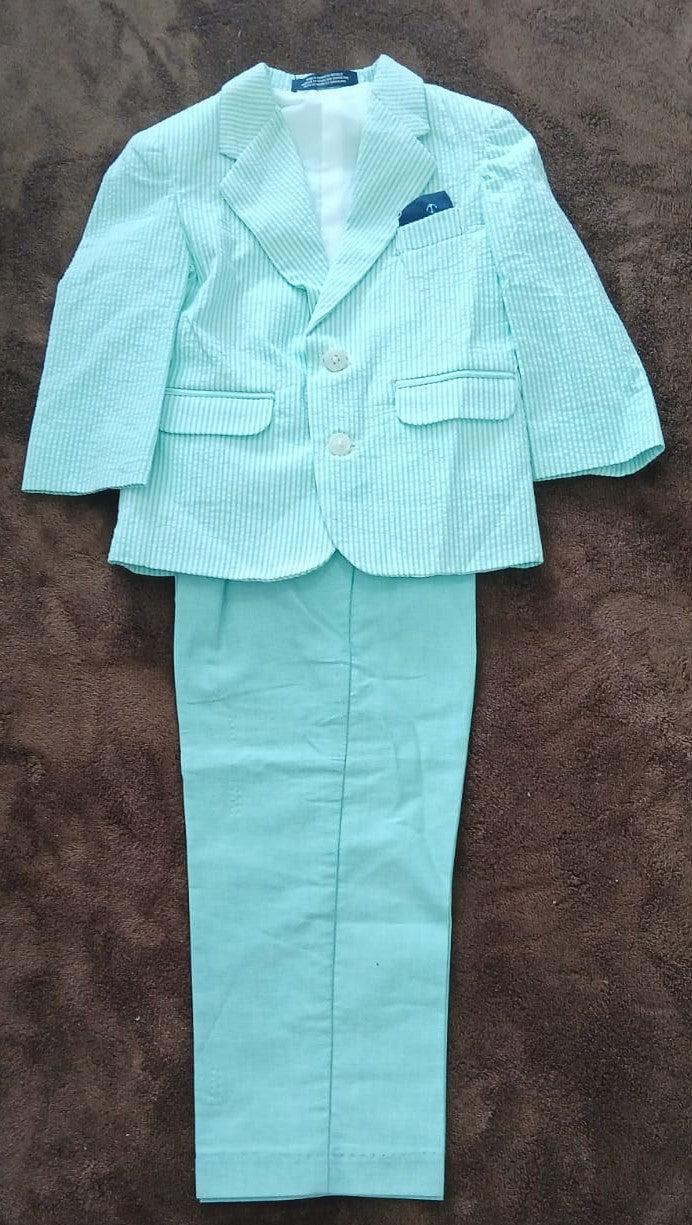 Elegante Traje Formal Infantil - Saco y Pantalón Aqua a Rayas para Niñas